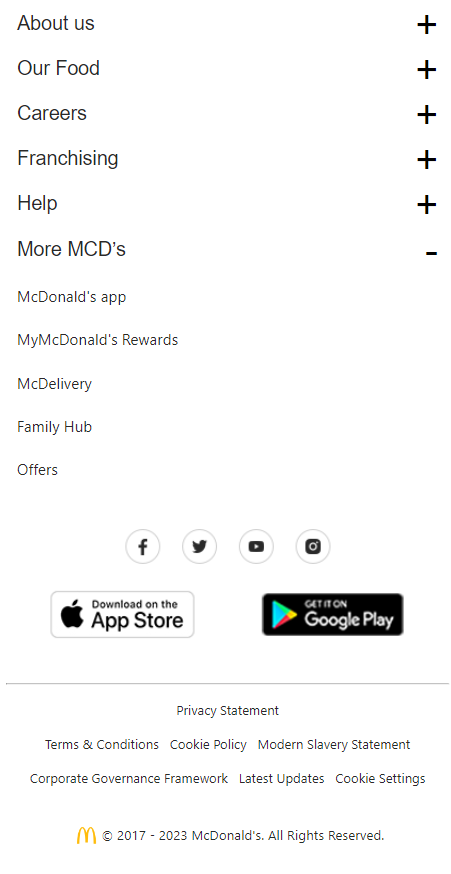 McDonald website Footer